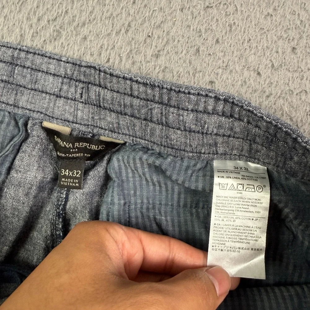 Banana Republic Linen Pants Mens 34x27 Blue Slim Tapered Drawstring Chino Beach